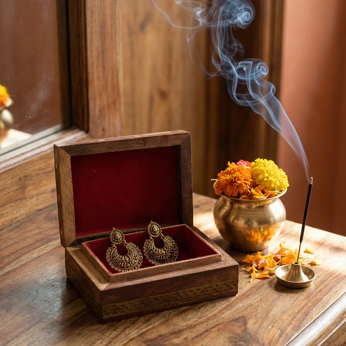 Wooden jewelry box with gold earrings, incense stick, and flowers on a wooden surface.