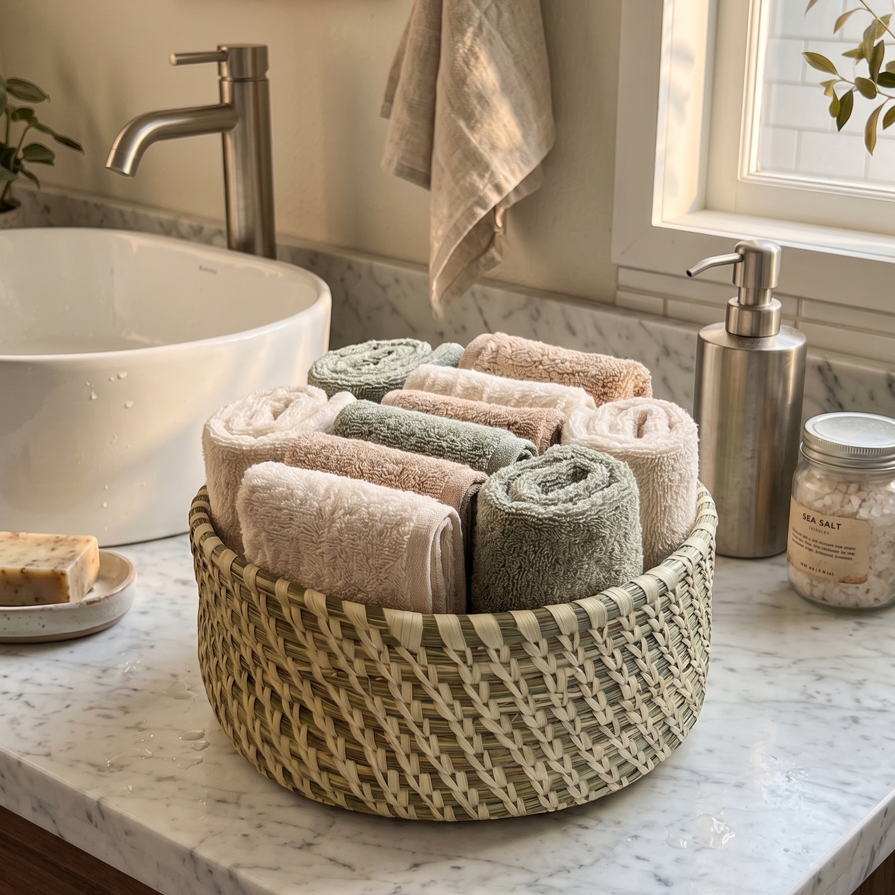 A round, woven storage basket featuring a two-toned green and beige chevron pattern, sitting on a white marble bathroom countertop. The basket is neatly packed with tightly rolled hand towels in soothing, neutral shades of white, beige, and sage green. In the blurred background, there is a white vessel sink, a metal soap dispenser, and a glass jar labeled "Sea Salt".