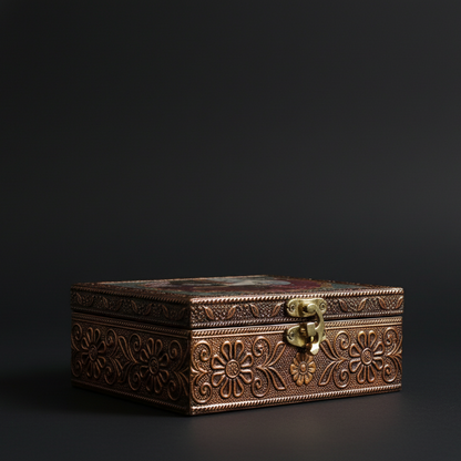 Side view of handcrafted wooden jewelry box highlighting intricate embossed floral patterns and a brass metal latch on a dark background.