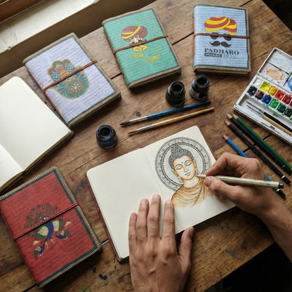 Artist using ink and watercolors to sketch a Buddha design inside an open handmade cotton paper journal, surrounded by art supplies.