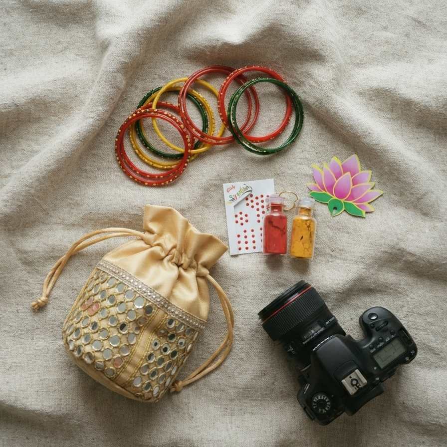Flat lay of an Indian festive return gift set on textured linen, showing a golden mirror-work potli bag, colorful red, green, and yellow lac bangles, a bindi card, small haldi and kumkum vials, and a camera.