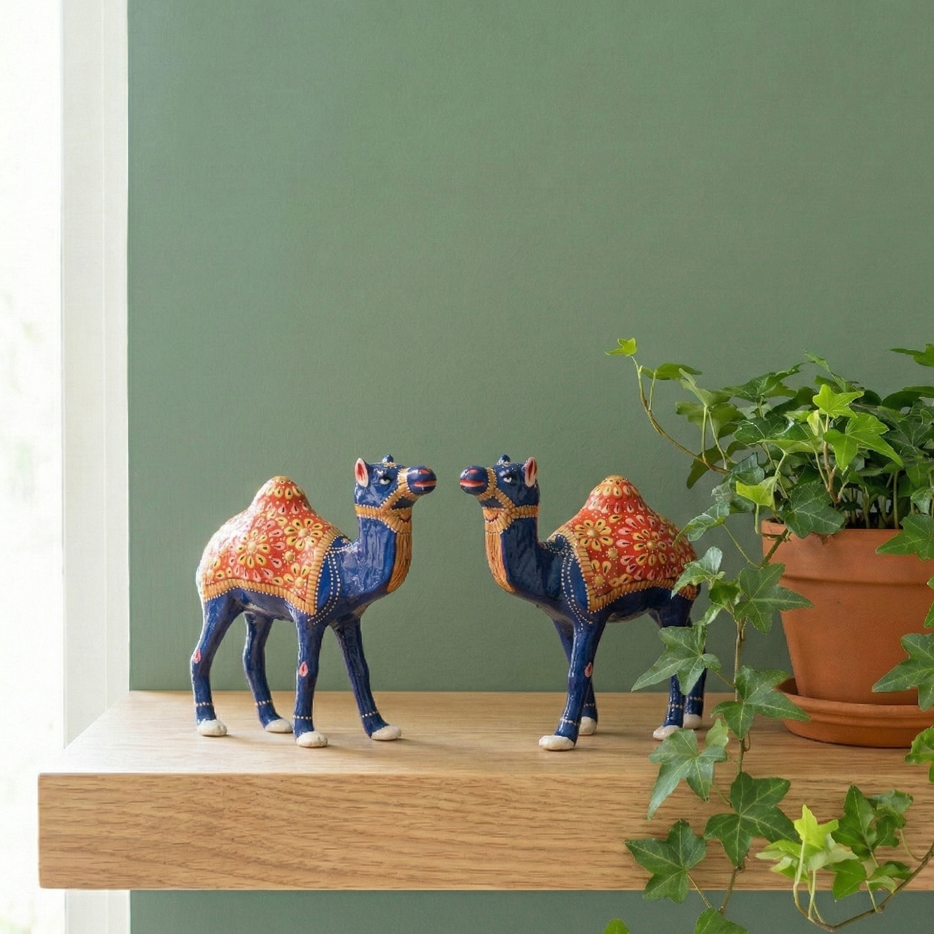 Two Decorative Meenakari Metal camel figurines on a wooden surface with a green wall and plant in the background.