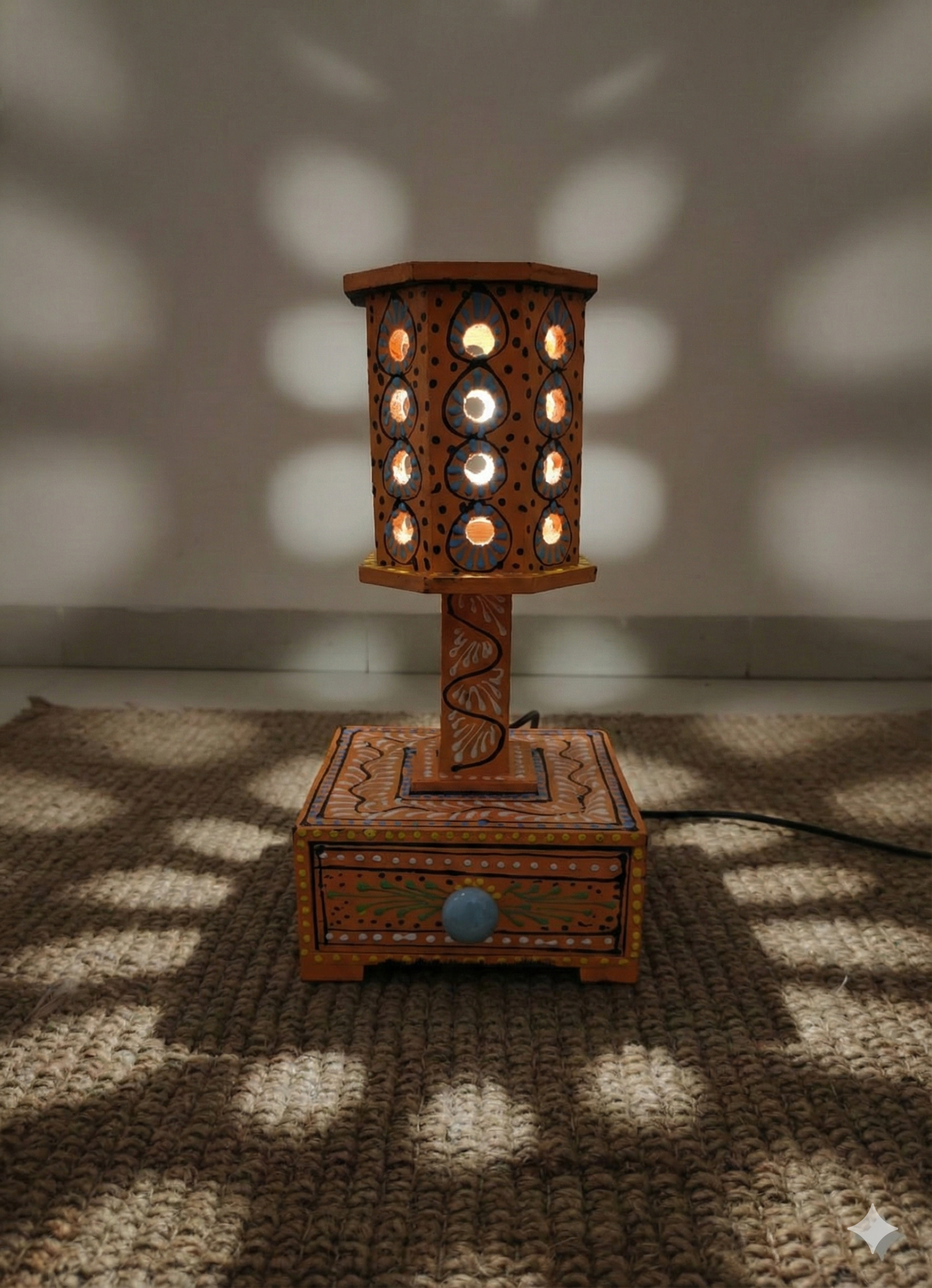 Boho style wooden lamp casting intricate light and shadow patterns on the floor, showcasing the cutout design details.
