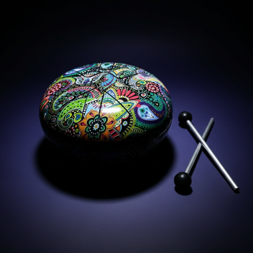 High-contrast studio shot of a vibrant, paisley-patterned steel tongue drum (happy drum) with mallets, highlighting the intricate design and craftsmanship against a dark background.