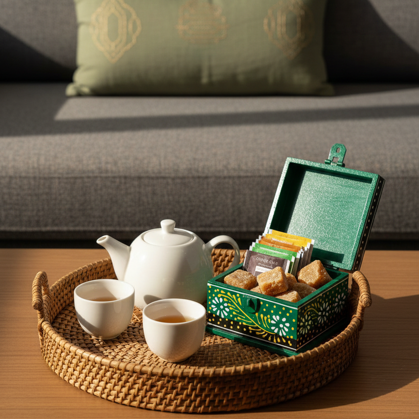Green hand-painted wooden box used as a tea and sugar organizer, holding tea bags and cubes on a woven serving tray with a white teapot.