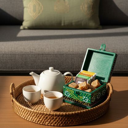 Green hand-painted wooden box used as a tea and sugar organizer, holding tea bags and cubes on a woven serving tray with a white teapot.