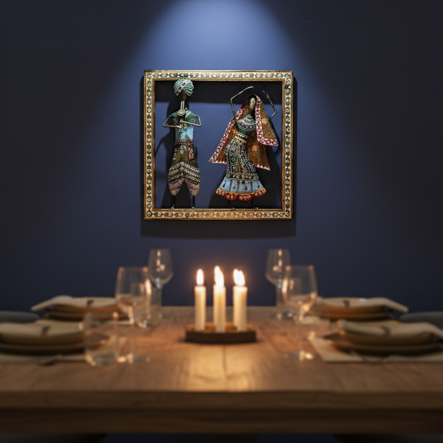 Elegant wrought iron traditional wall hanging on a dark blue dining room wall. Premium Indian handicraft art for modern home interiors.