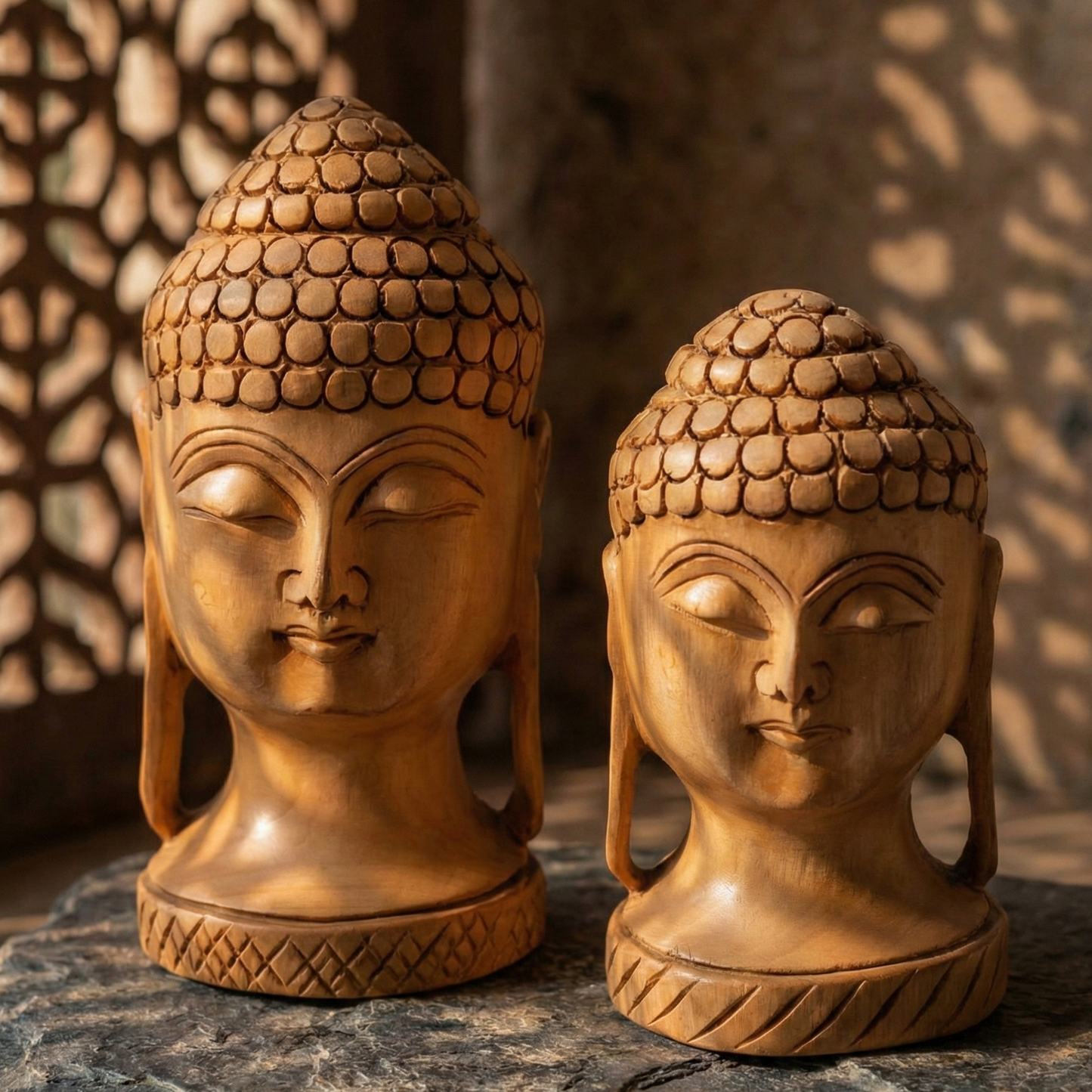 Set of two hand-carved wooden Buddha head statues with a serene expression, against a solid blue background. Perfect for home decor and meditation.