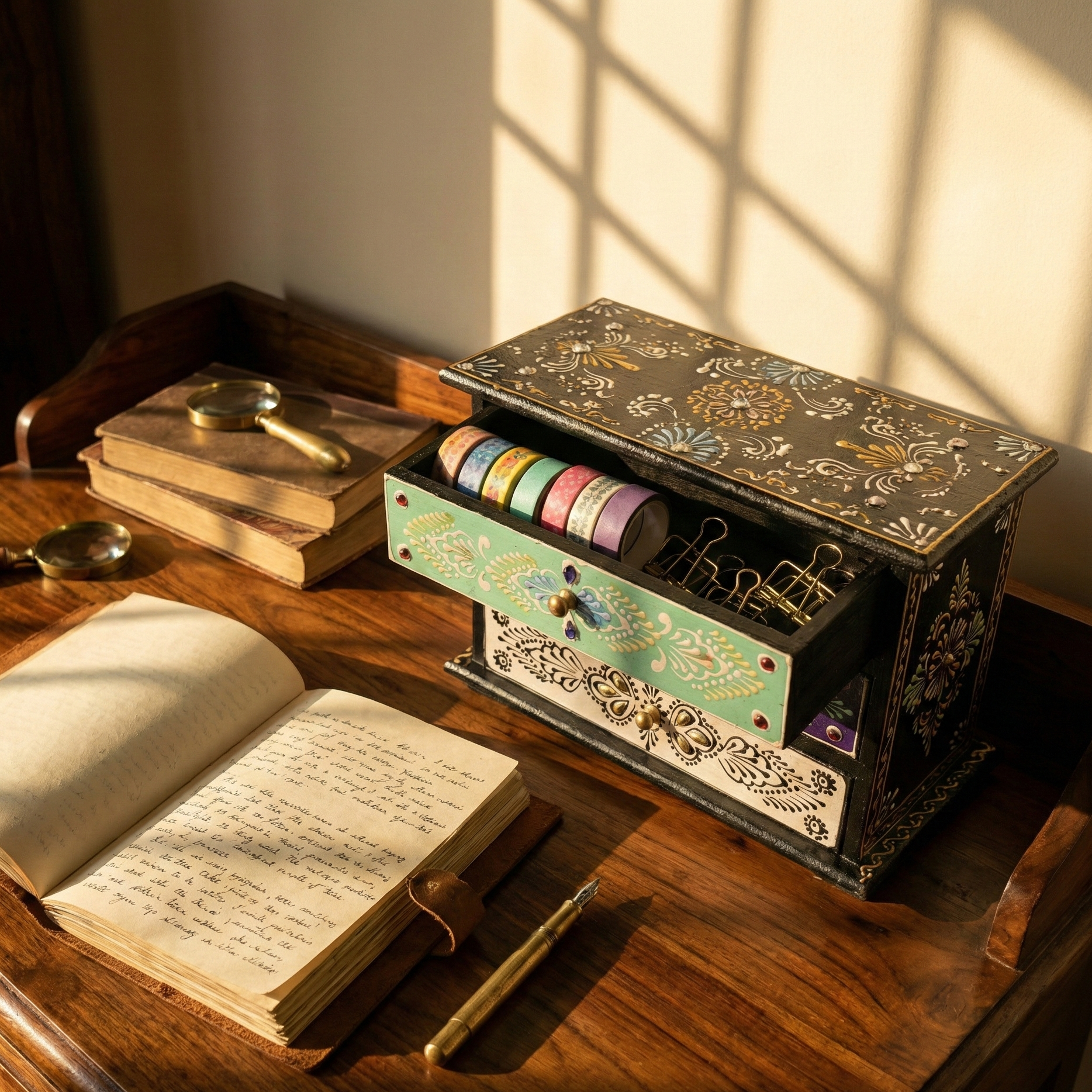 Hand-painted wooden desk organizer placed on a study table. Open drawer showing storage for washi tapes and binder clips next to a vintage journal.