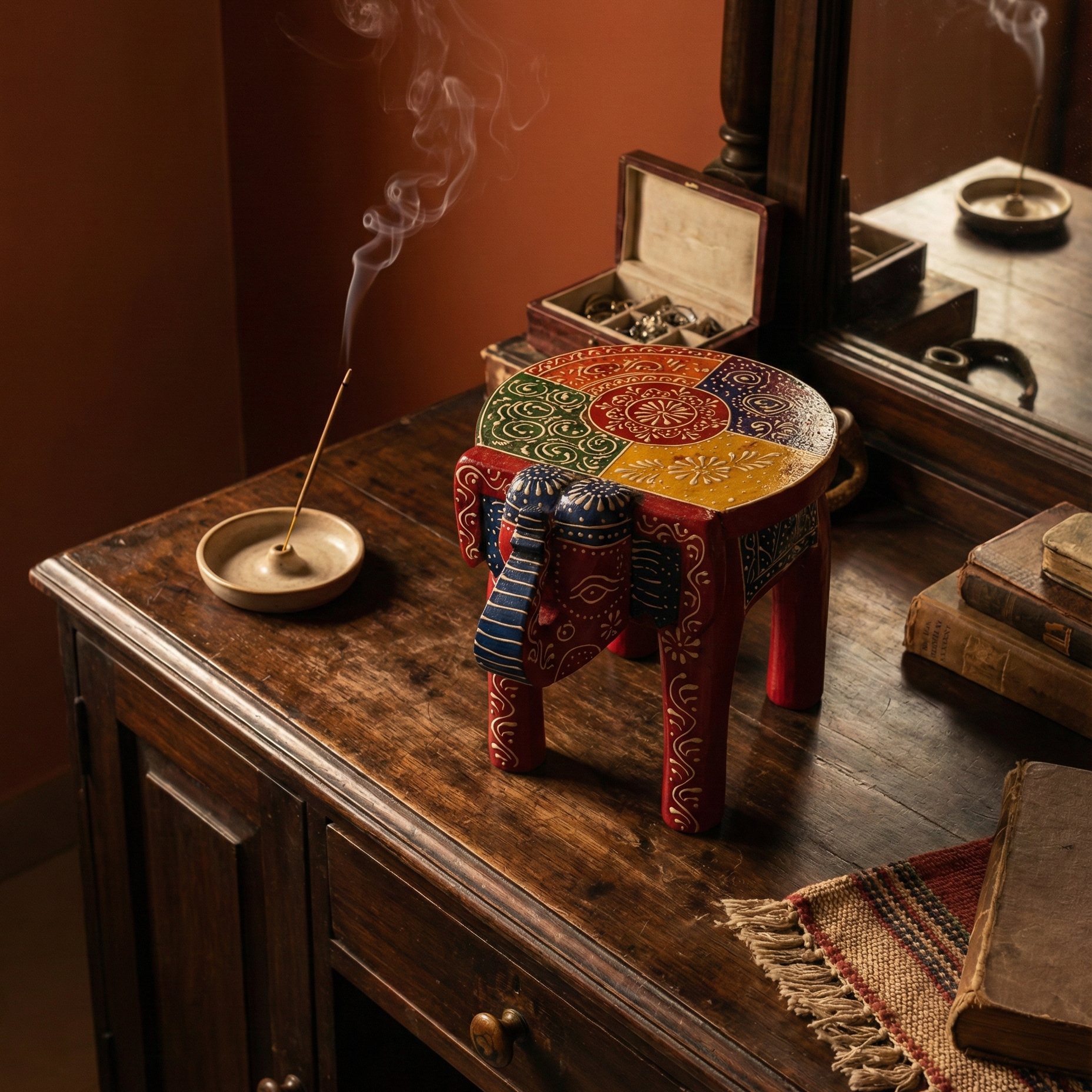 Red hand-painted wooden elephant stool used as a small pooja chowki on a wooden altar. Styled with burning incense stick and vintage decor for a spiritual home corner.