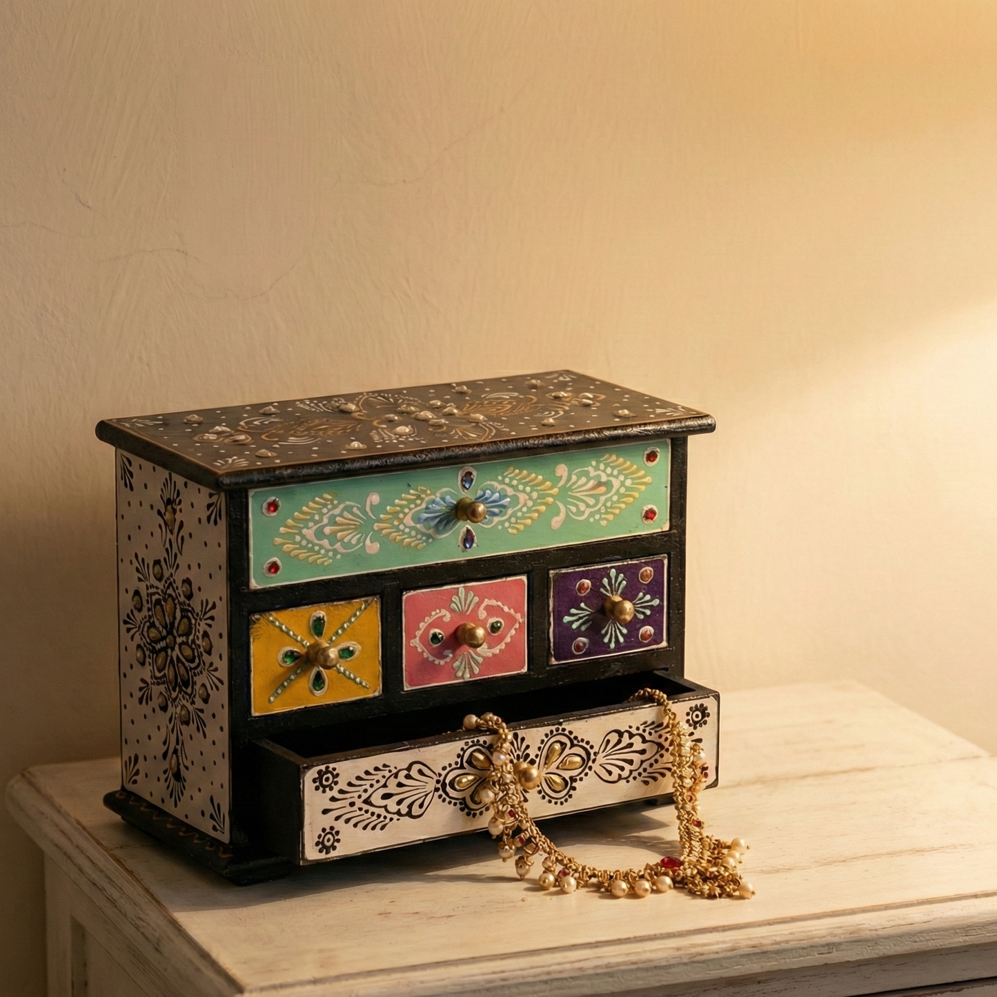 Hand-painted wooden jewelry box placed on a white bedside table. Open bottom drawer showing storage for gold necklaces and accessories
