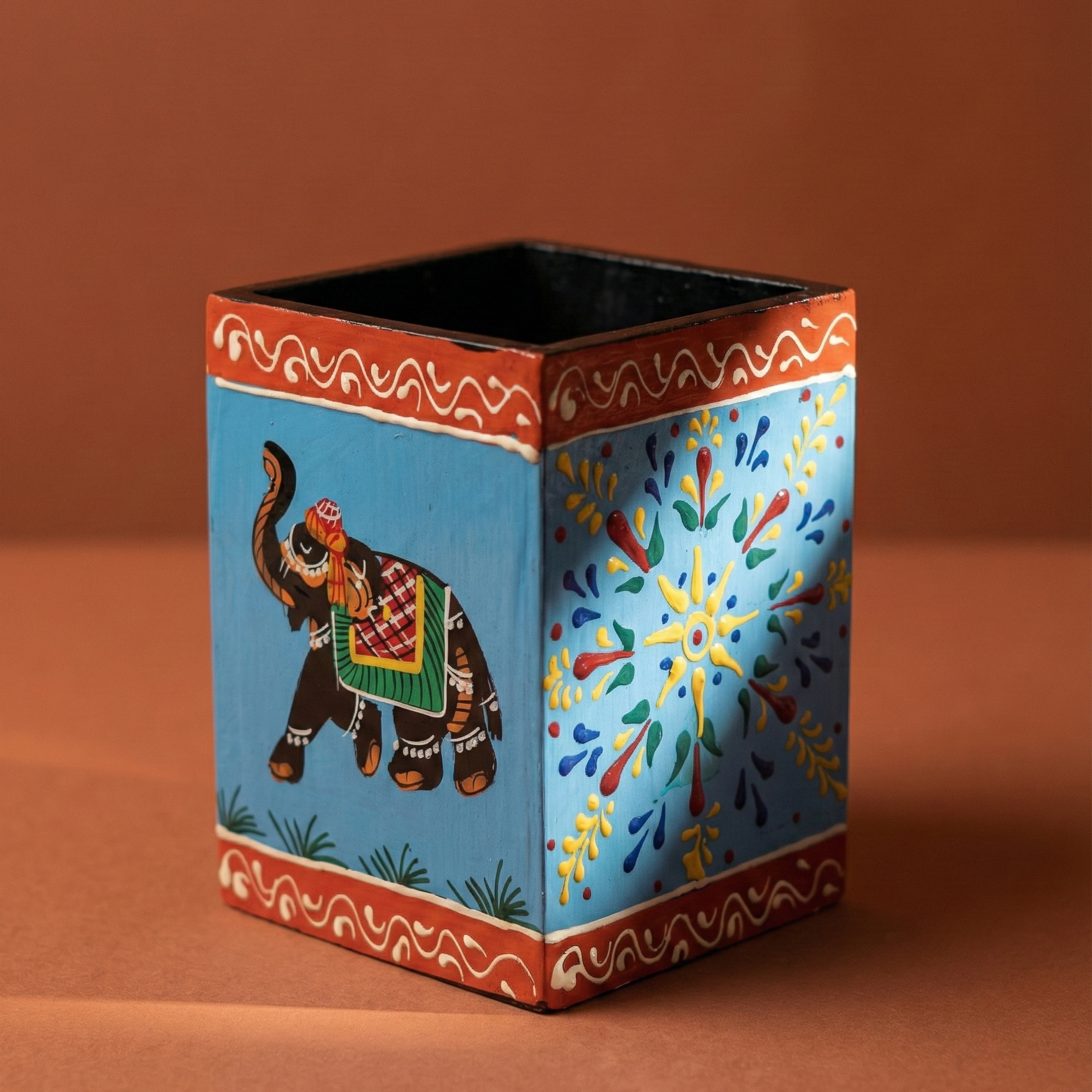 Hand-painted wooden desk organizer and cutlery holder featuring traditional Indian elephant and horse folk art.