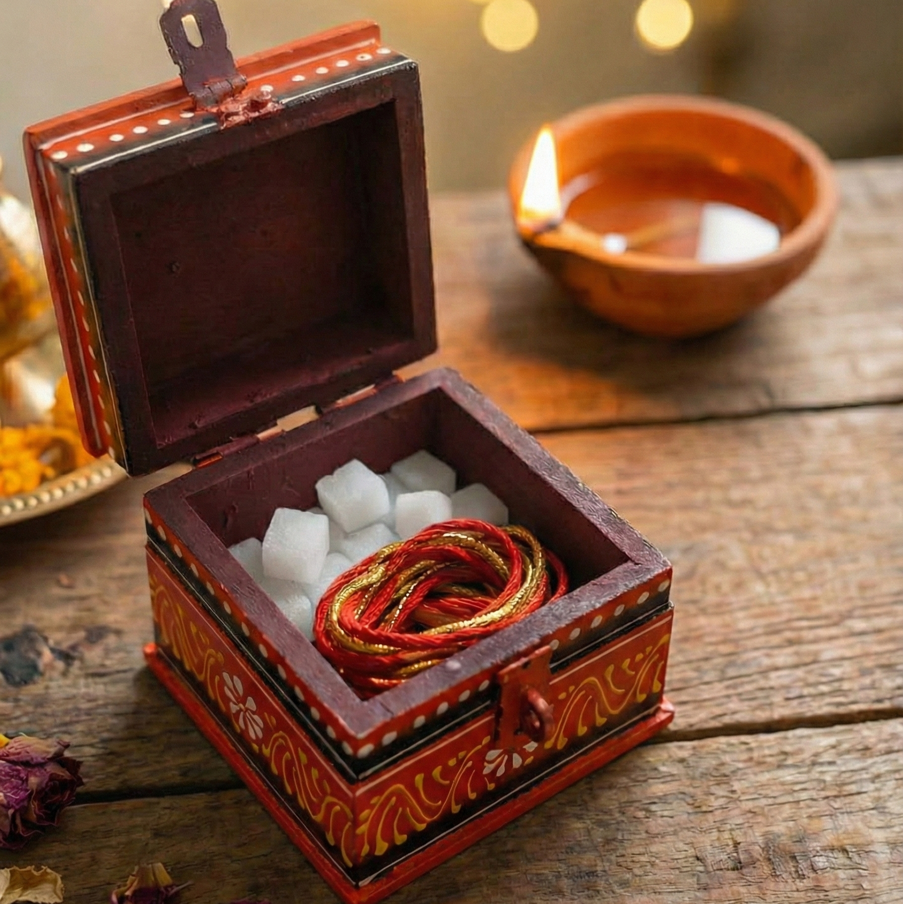 Hand painted Orange Storage Box with Pooja Essentials