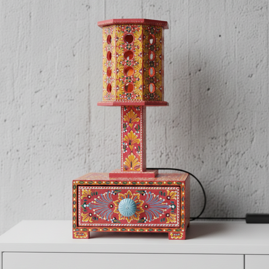 Front view of pink hand-painted wooden table lamp featuring traditional floral folk art and a built-in storage drawer.