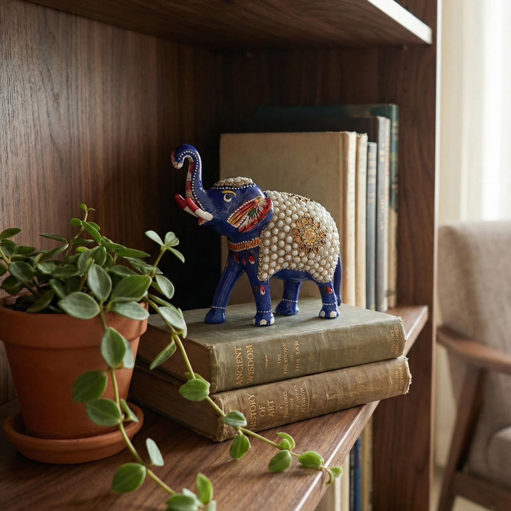 Royal blue elephant showpiece styled on a stack of vintage books on a wooden shelf, adding a touch of Indian heritage to modern bookshelf decor.