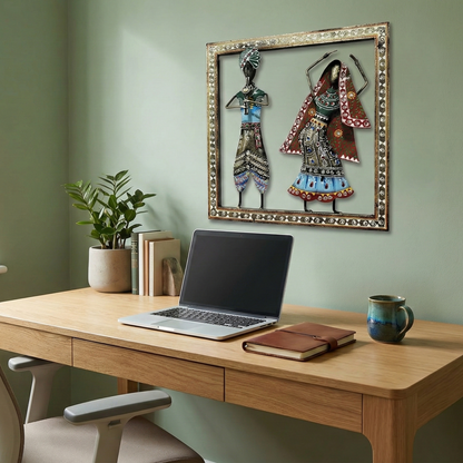 Kalbelia rhythm wall hanging placed above a study desk. Unique wrought iron ethnic accent piece for home offices and workspaces.