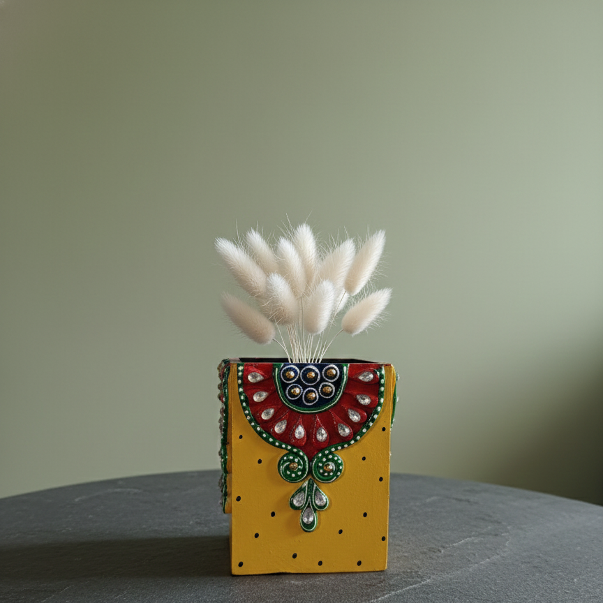 Handcrafted wooden pen holder in bright yellow, decorated with traditional red, green, and blue Kundan mirror work patterns and small polka dots, reflected on a black surface.