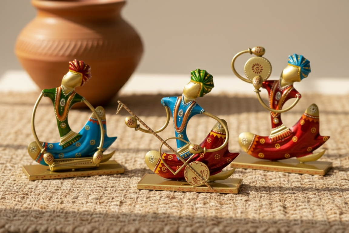 Rajasthani folk musician idols on a textured jute mat with a clay pot background, showcasing traditional Indian art for rustic home interiors.