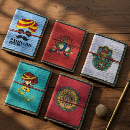 Flat lay of five assorted handmade cotton paper journals featuring Indian art designs like Hamsa, Peacock, and Mandala - Customer receives one random design.