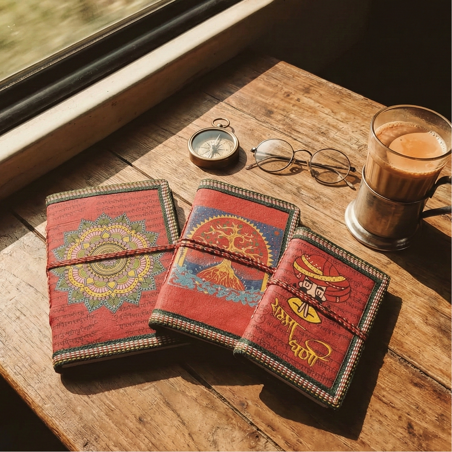 Set of 3 red handmade eco-friendly notebooks featuring Khamma Ghani and Mandala art. Styled on a wooden table with chai and compass for travel journaling.