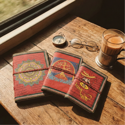 Set of 3 red handmade eco-friendly notebooks featuring Khamma Ghani and Mandala art. Styled on a wooden table with chai and compass for travel journaling.