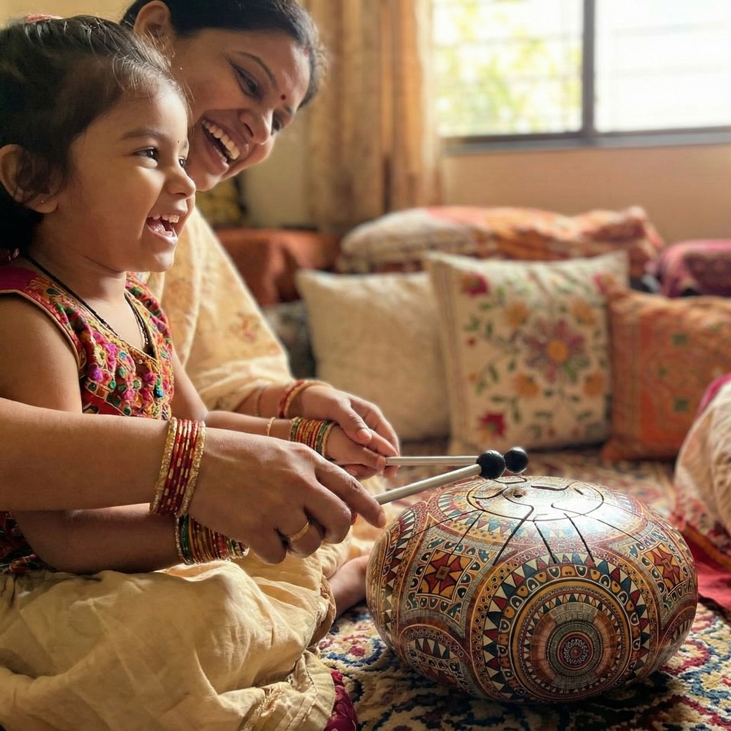 A joyful mother and child playing a colorful steel tongue drum (happy drum) together at home, showcasing it as an easy-to-learn musical instrument gift for kids and family bonding.