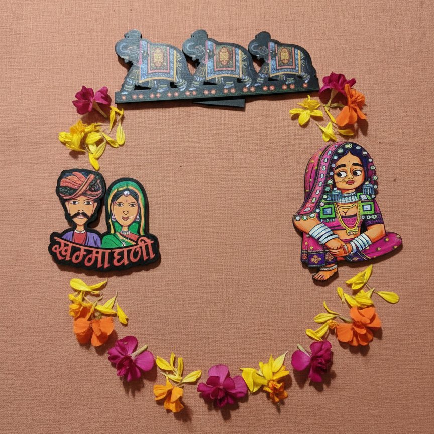 Aesthetic flat lay of Rajasthani wooden magnet set surrounded by yellow and pink flowers, perfect for Indian souvenirs and festive gifting.