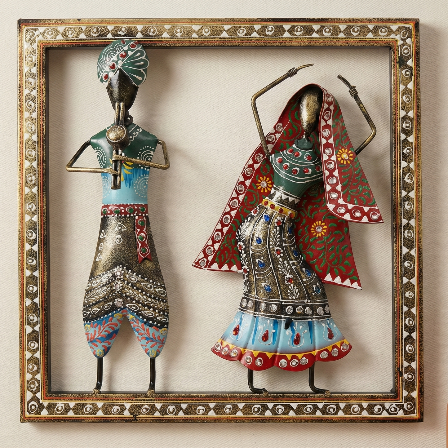Handcrafted wrought iron Kalbelia dancer and musician couple wall hanging. Vibrant Rajasthani ethnic art for living room wall decor.