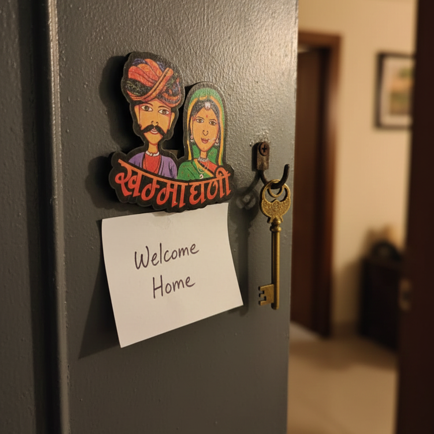 Close-up of Khamma Ghani Rajasthani couple magnet holding a 'Welcome Home' note on a metal surface, showing strong magnetic grip.