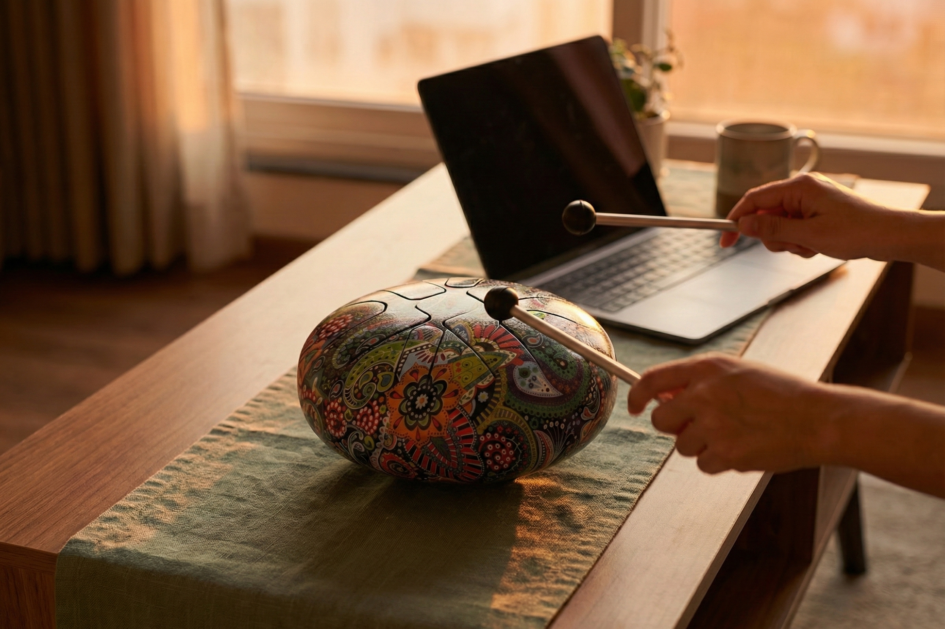 A person playing a steel tongue drum on a table in front of a laptop, perfect for online music lessons, remote sound healing sessions, or working from home stress relief.