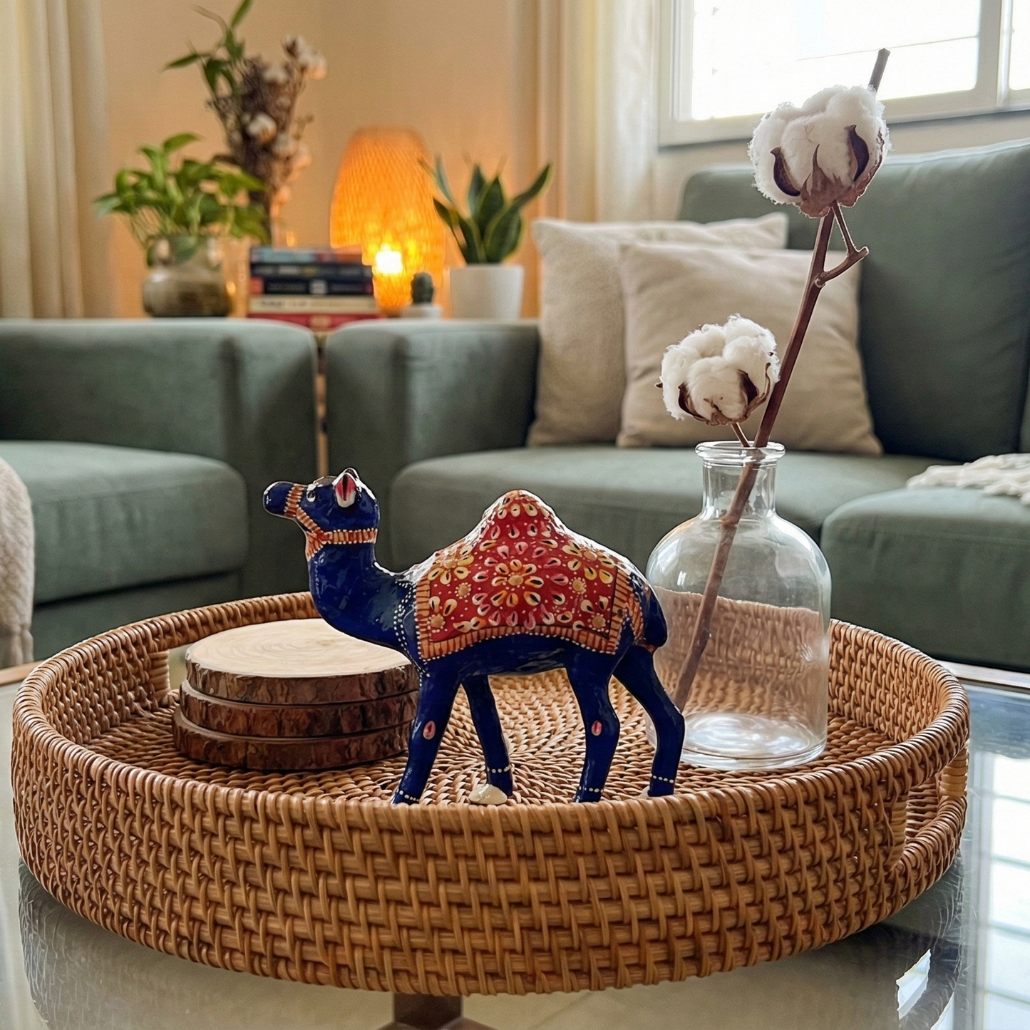 Rajasthani blue camel figurine placed on a table in a living room