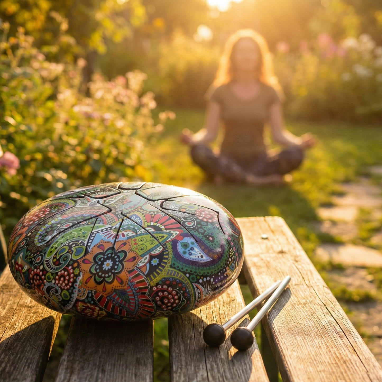 A steel tongue drum resting on a wooden bench in a sunny garden with a woman meditating in the blurred background, illustrating the instrument's use for outdoor mindfulness and peace.