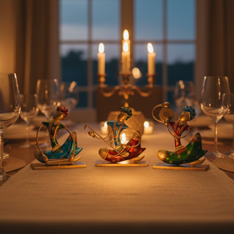 A set of metal folk musicians used as an elegant dining table centerpiece, arranged on a runner with candlelight and wine glasses for festive home decor.