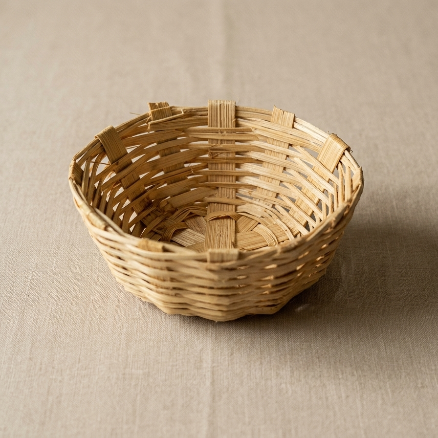 A small hand-woven bamboo basket with a natural light tan color, shown empty on a neutral beige linen background.