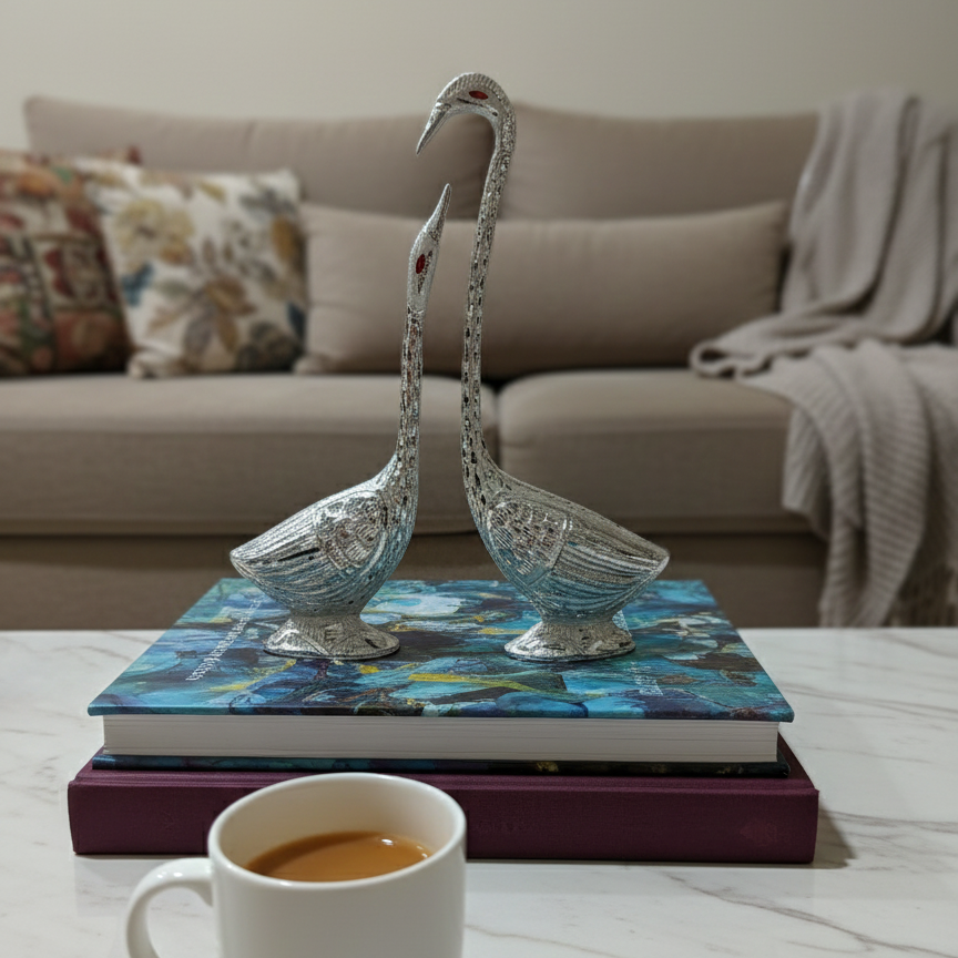 Elegant coffee table styling in a living room featuring a silver swan couple showpiece placed on books next to a coffee cup.
