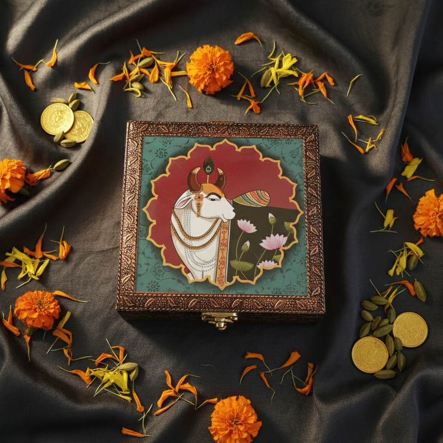 Handcrafted Pichwai Art Jewelry Box featuring a Sacred Cow and Lotus motif with an antique embossed finish and velvet lining.