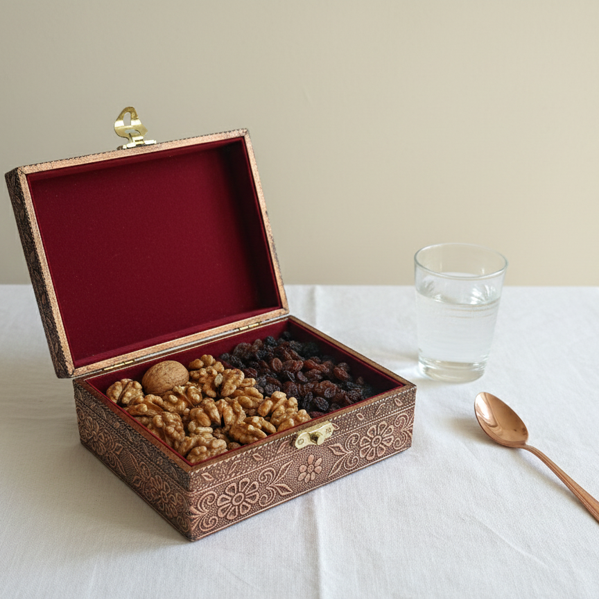 Open Pichwai art wooden box filled with walnuts and raisins, demonstrating its use as a traditional dry fruit gift box or serving container.