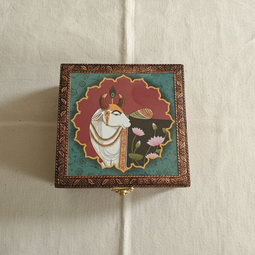 Top view of handcrafted wooden box featuring a traditional Pichwai painting of a Sacred Cow (Kamdhenu) and pink Lotus motifs.