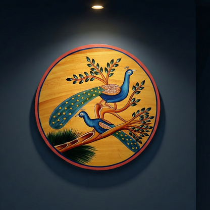 Pichwai Hand-Painted Peacock (Mayur) Wooden Wall Plate