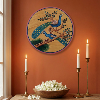 Pichwai Peacock (Mayur) Wall Plate hanging on an orange wall with festive lighting and floral decor.