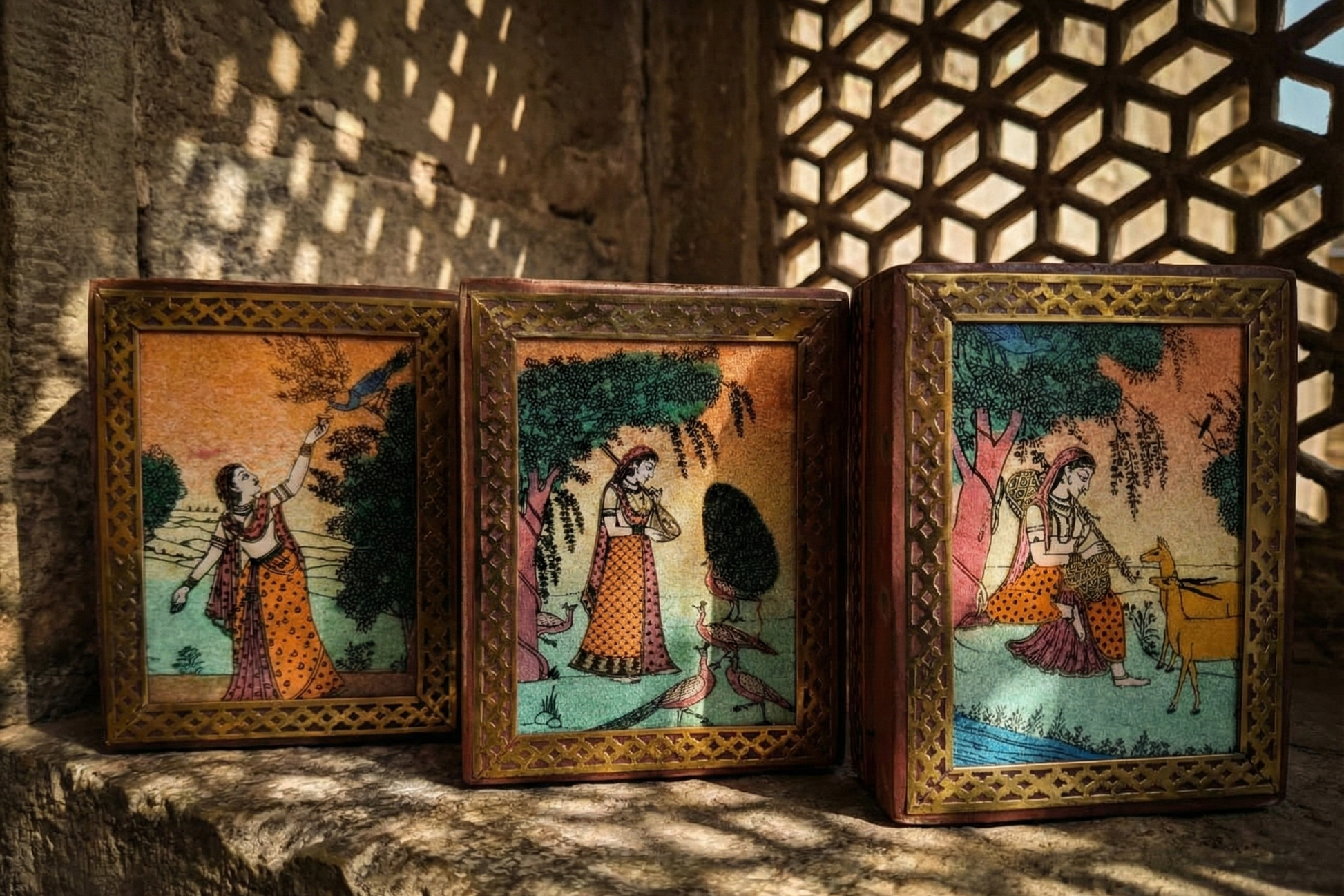 Handcrafted wooden trinket box with Ragamala painting and brass frame. Image shows variety of designs (Queen, Peacock). Price is for a single box