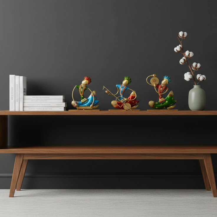 Three colorful Rajasthani metal musician figurines displayed on a wooden shelf with books and a vase, styled for modern living room decor.