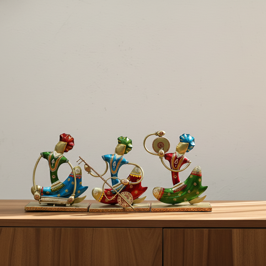 A set of three colorful, handcrafted Rajasthani metal folk musician showpieces playing different instruments on wooden bases.