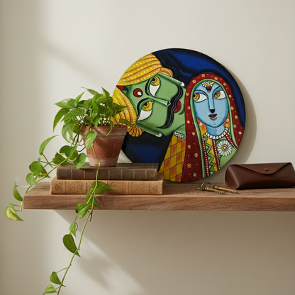 Rajasthani puppet wall decor plate leaning on a wooden floating shelf with potted plants, books, and other decorative items.