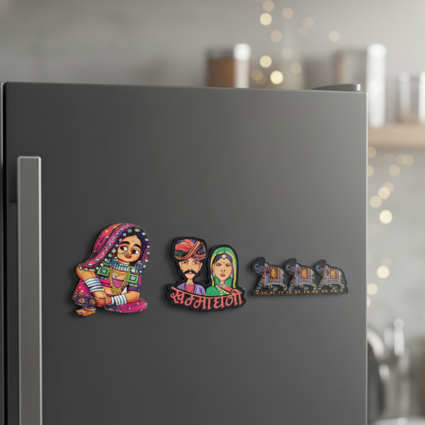Set of 3 Rajasthani printed wooden magnets featuring a traditional woman, couple, and elephants displayed on a grey refrigerator door.