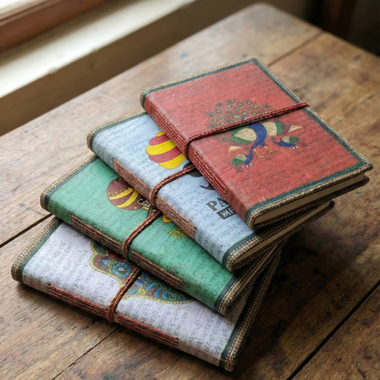 Stack of eco-friendly notebooks made from recycled cotton paper, showing assorted Indian cover art and string binding.