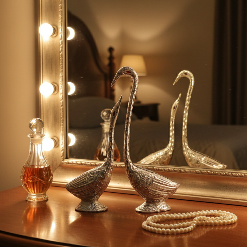 Romantic bedroom vanity decor featuring silver swan figurines displayed with a vintage perfume bottle and pearls in front of a mirror.