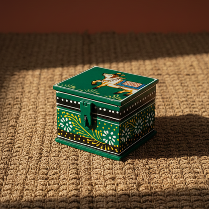 Green hand-painted Pichwai decorative wooden box with Indian cow motif, ideal for small jewelry storage.