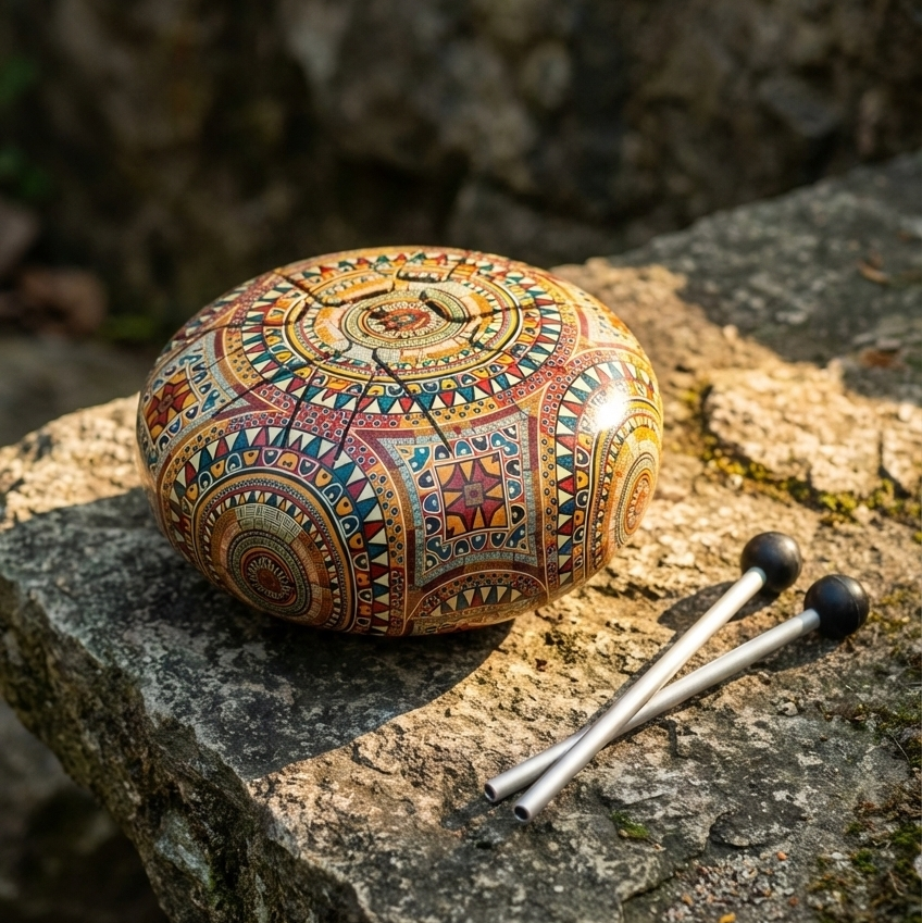 Steel tongue drum (tank drum) with mallets for sound healing and meditation.