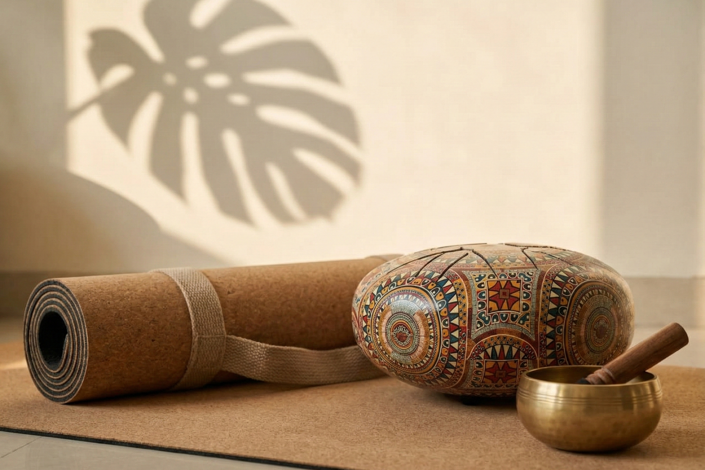 A patterned steel tongue drum displayed on a yoga mat next to a singing bowl, creating the perfect setup for sound healing, meditation sessions, and stress relief.